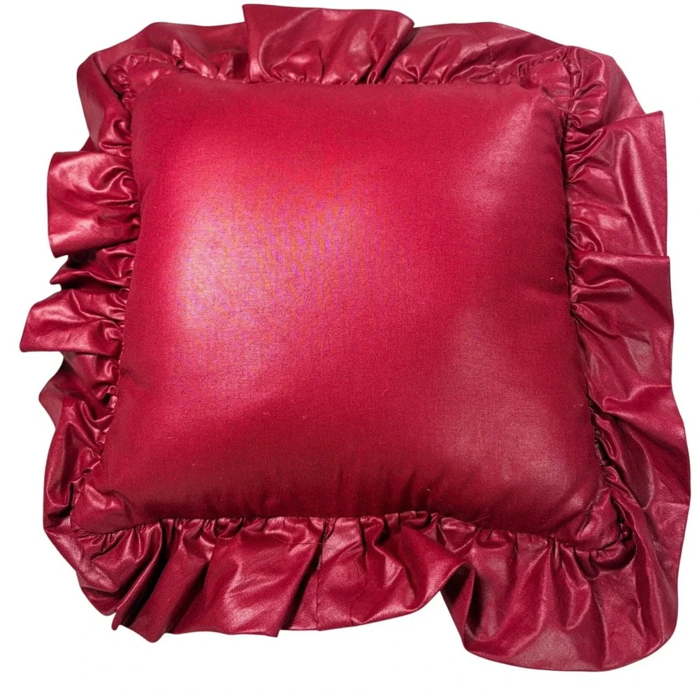 Vintage Handmade Cross Stitch Joy Christmas Pillow Burgundy Ruffle Poinsettia